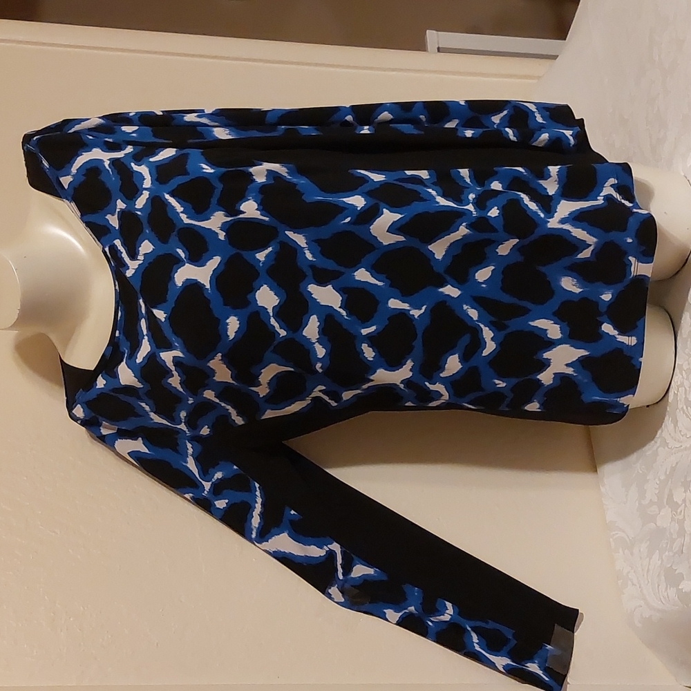 Don Caster, long sleeve, black and blue blouse. Size L. Pre-owned, gently used.